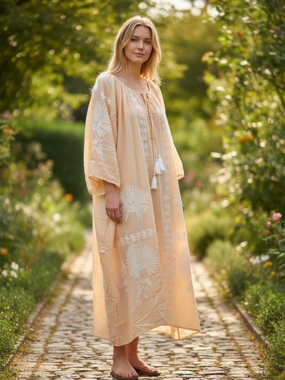 Rhea Embroidered Peach Maxi Kaftan Dress
